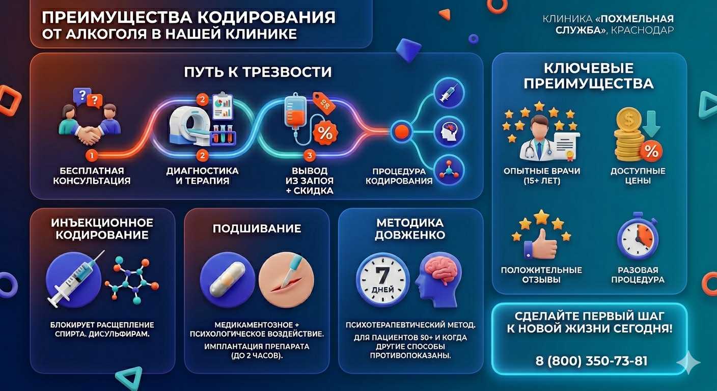 Инфографика о методах кодирования от алкоголя в Барабинске: инъекции, подшивание, метод Довженко. Преимущества клиники и этапы лечения.