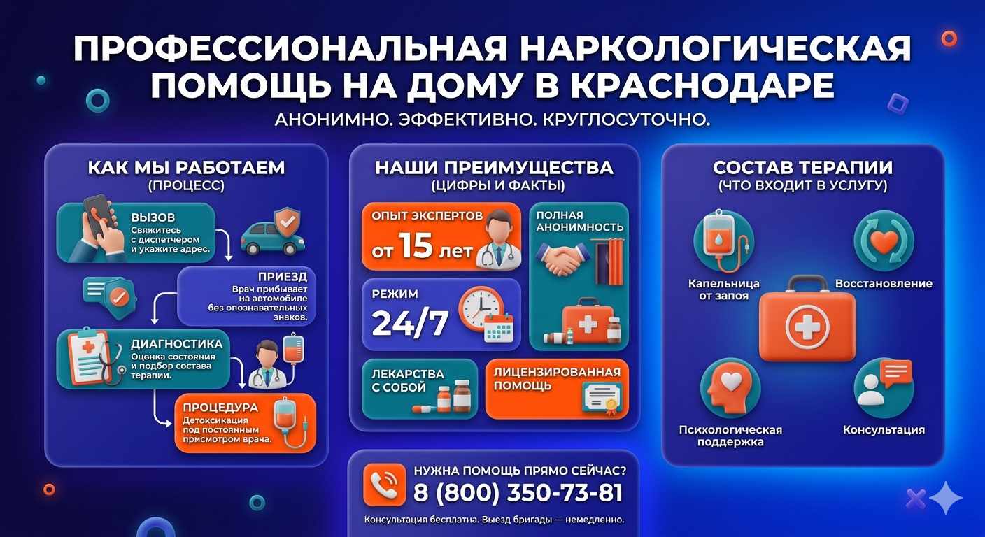 Инфографика о принципах лечения алкоголизма на дому в Барабинске: этапы вызова нарколога, преимущества анонимной детоксикации и состав медицинской помощи.